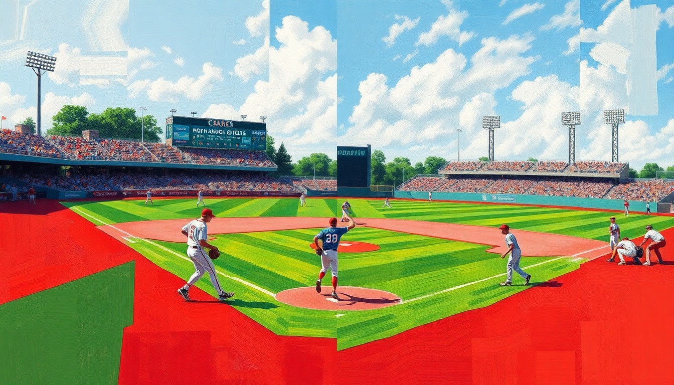 A cubist, multi-angled painting featuring overlapping geometric shapes in the school colors, representing the intense action and competition of a high school baseball game.