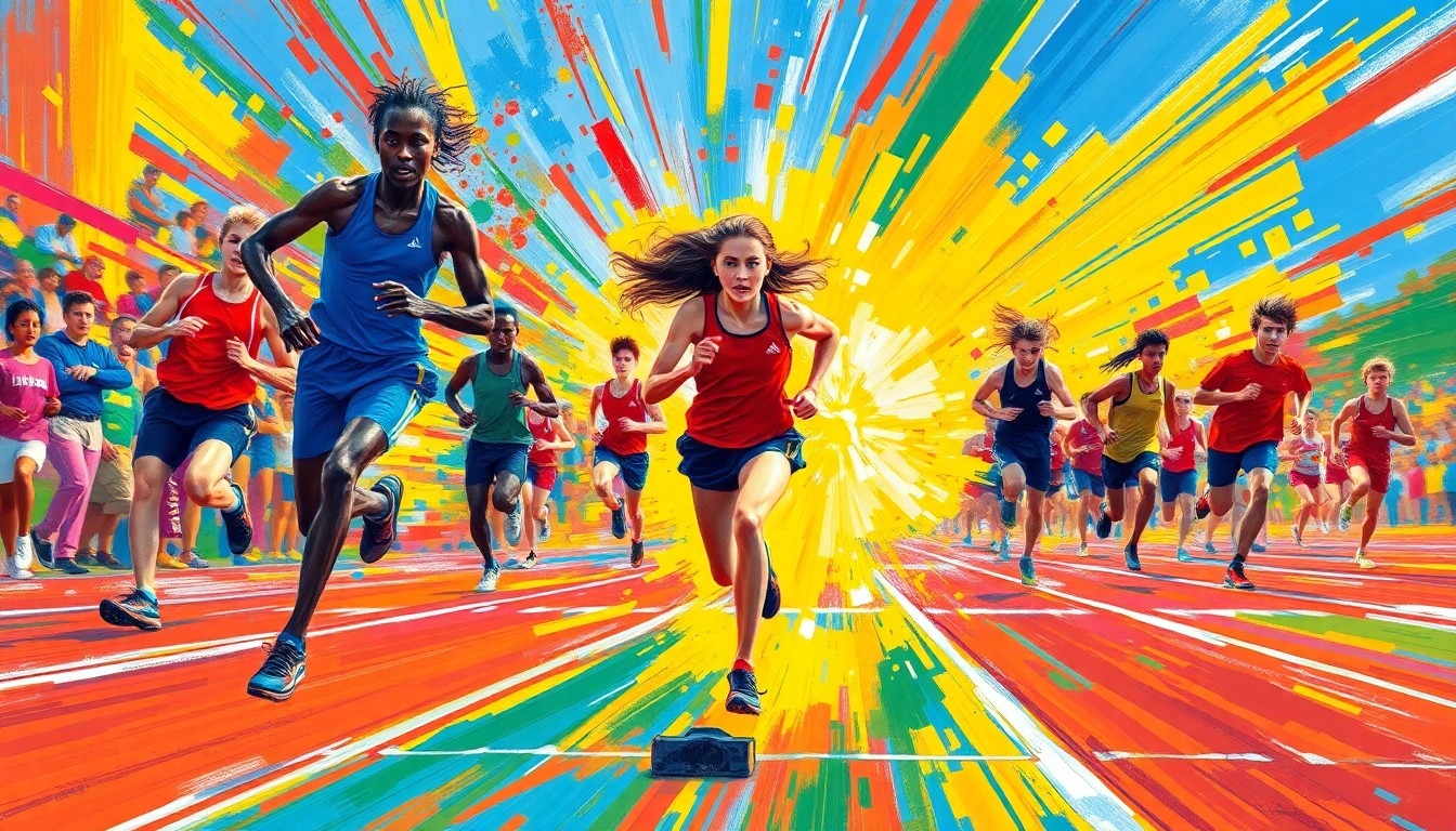An abstract, expressionist painting in neon colors depicting the dynamic motion and energy of a high school track and field event, with a small but determined female runner at the center of the composition.