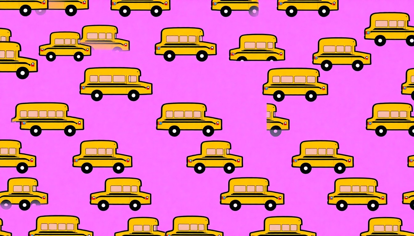 A bold, colorful silkscreen-style illustration featuring a repeating grid of stylized school bus icons in bright neon shades, conceptually representing the upcoming school board election.
