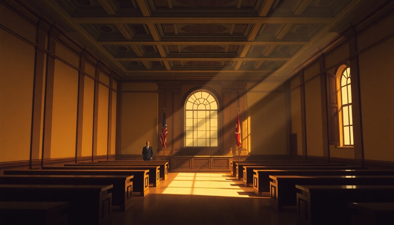 A dimly lit, cinematic painting of an empty city council chamber, with warm sunlight streaming through the windows and deep shadows cast across the wooden desks and chairs, creating a sense of anticipation and transition.