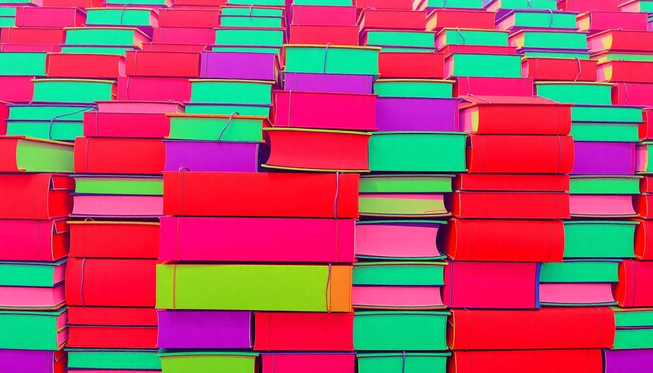 A bold, stylized illustration of stacked textbooks in a repeating grid, rendered in a vibrant neon color scheme with heavy black outlines, conceptually representing the importance of school board decisions.