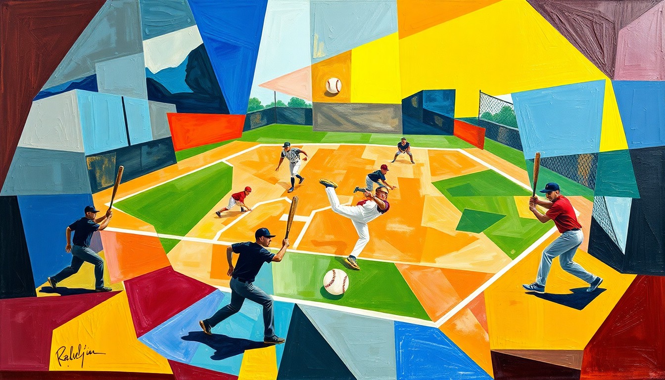 A dynamic, abstract painting featuring overlapping geometric shapes and planes that capture the movement and energy of a softball game, without any identifiable players or details.