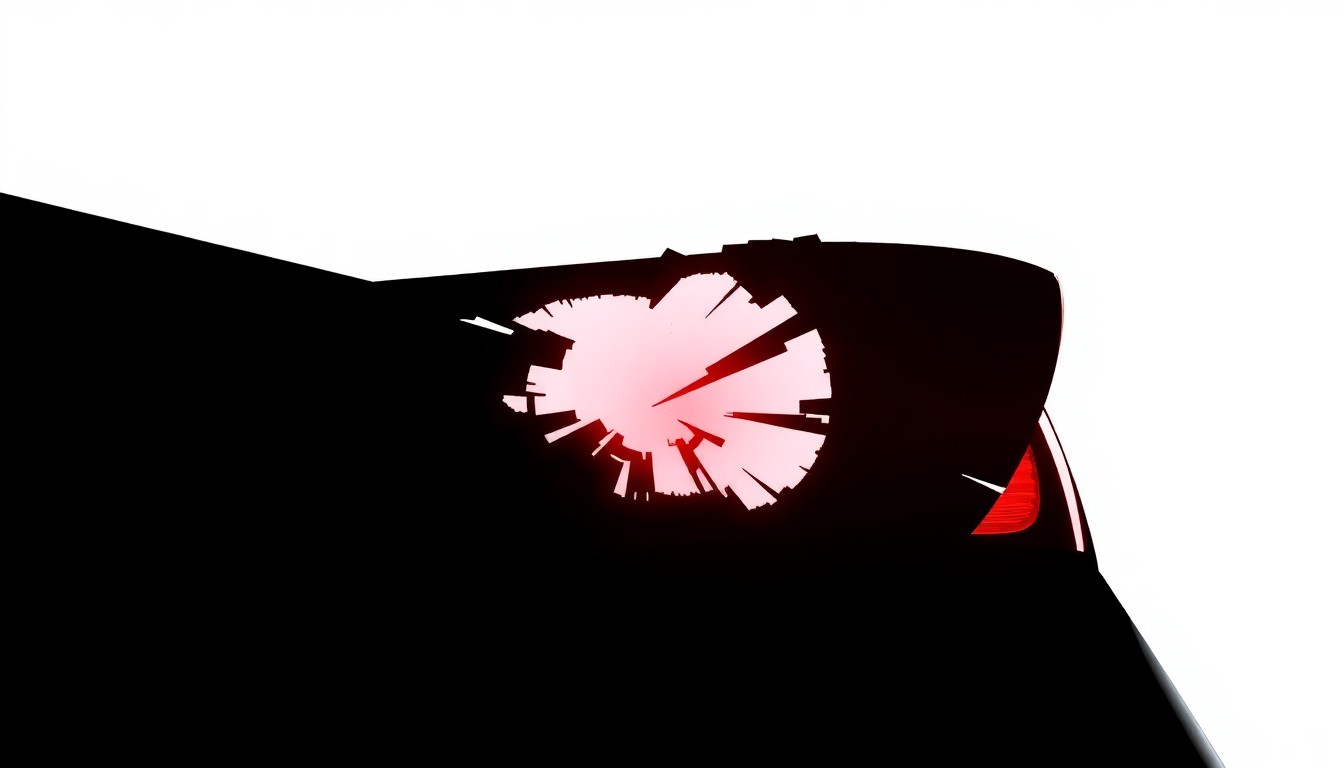 An extreme close-up of a shattered car sensor lens reflecting a faint red light, conceptually illustrating the vandalism of self-driving cars.