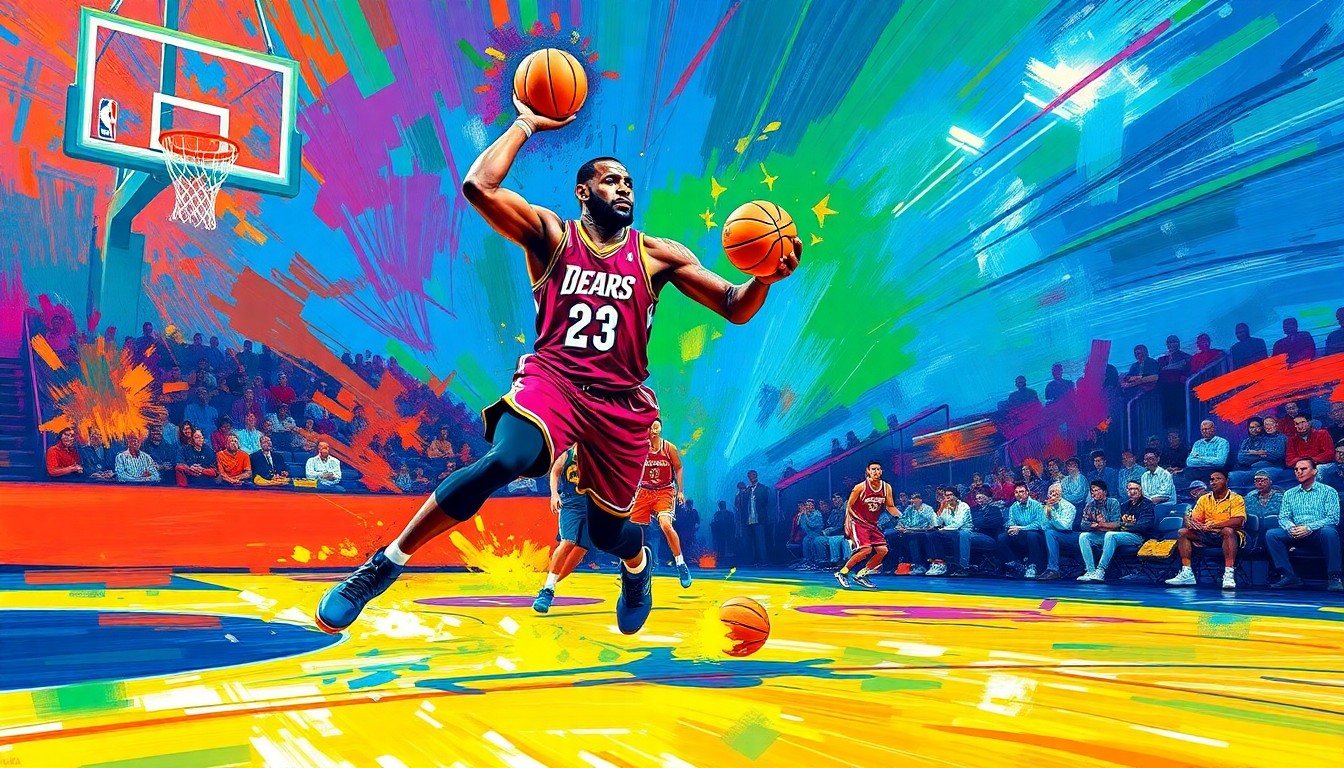 An abstract, expressionist painting in vibrant neon colors depicting the dynamic movements and energy of two basketball players, representing LeBron James and Bronny James playing together on the court.