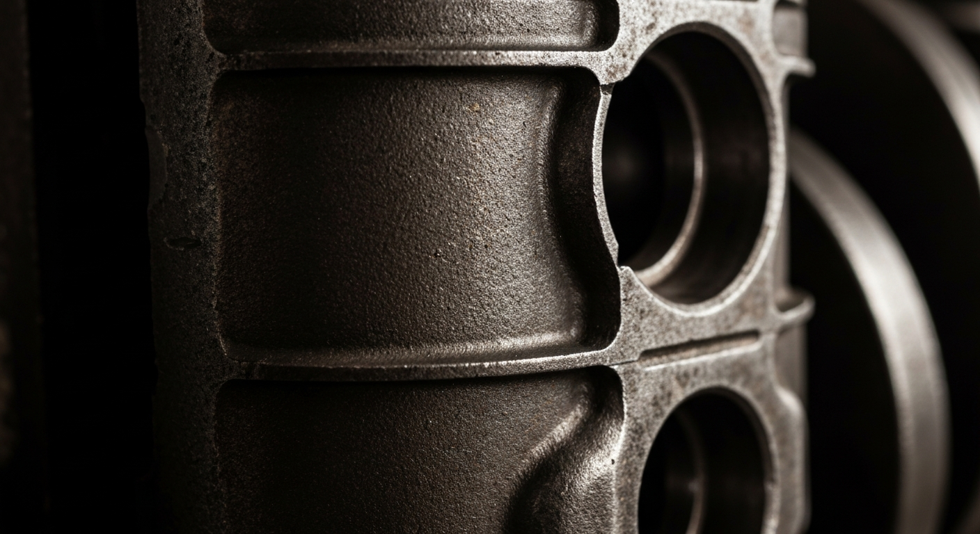 An extreme close-up of a textured, aged car engine part, conveying the history and craftsmanship of automotive repair through dramatic lighting and raw industrial materials.