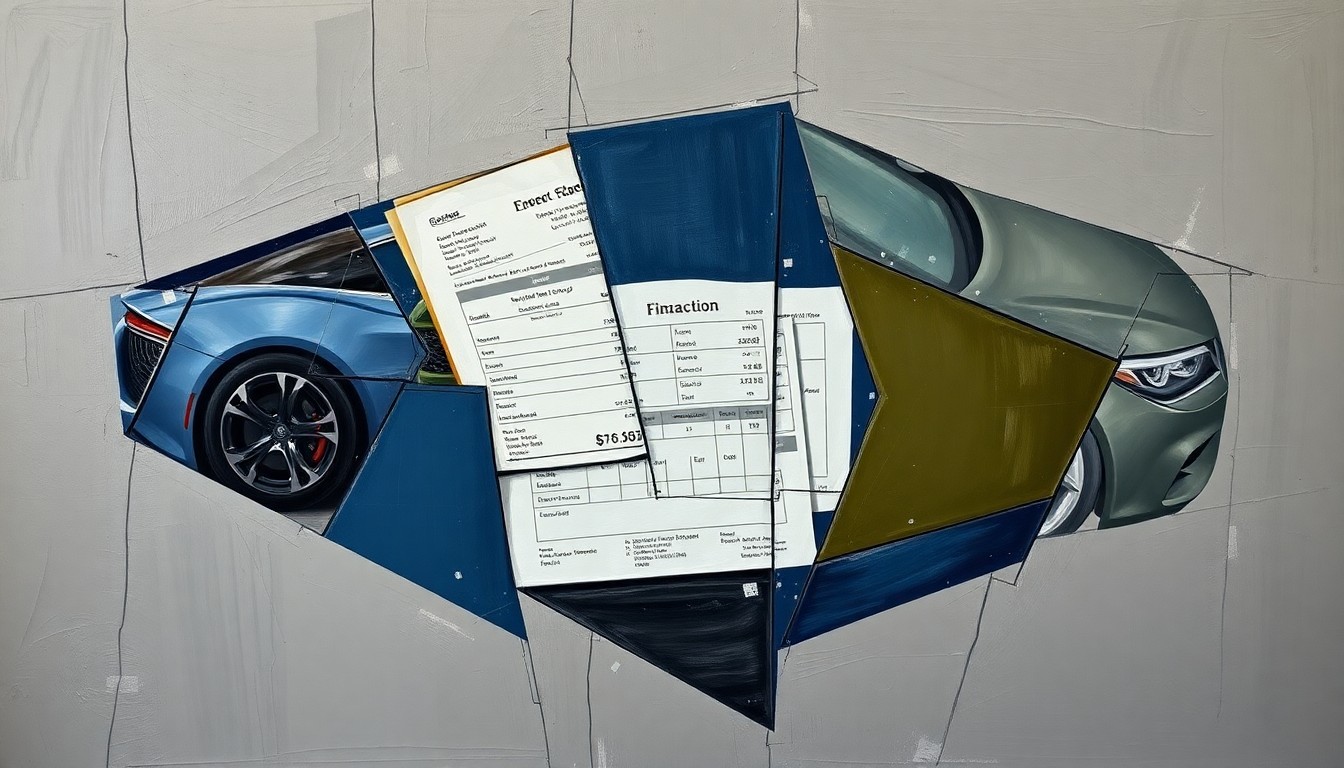 A cubist-style painting featuring fragmented, geometric shapes in shades of grey, blue, and green, representing the various components and perspectives of the automotive finance industry.