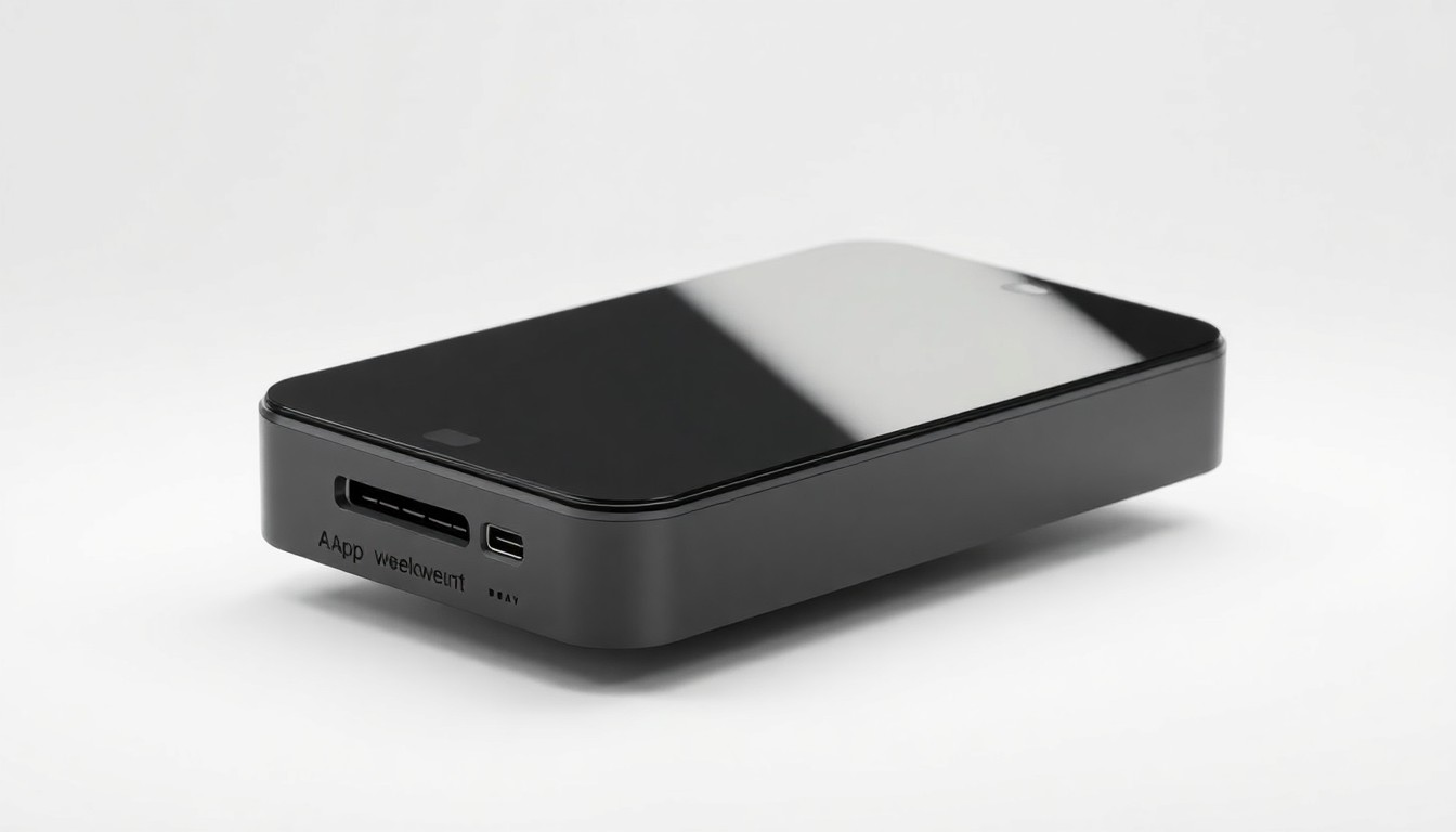 An extreme close-up of a sleek, minimalist mobile app development tool with clean lines, smooth surfaces, and subtle metallic accents, conveying the elegance and efficiency of modern design-driven development.