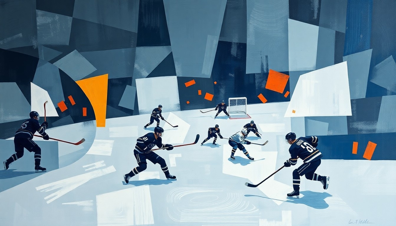 A cubist, geometric painting depicting a hockey game, with sharp, overlapping planes of muted blues, grays, and whites, punctuated by flashes of orange and red to represent the intensity of the physical play on the ice.
