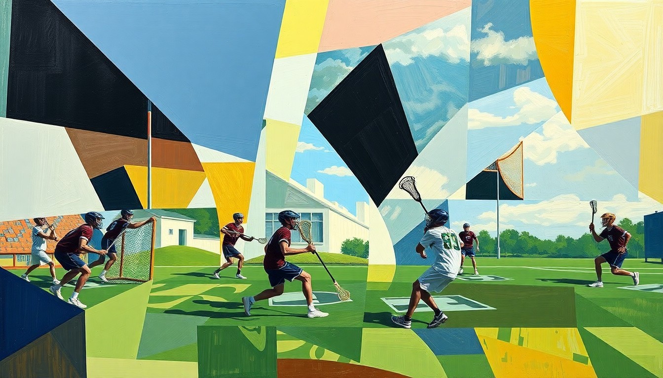 A fragmented, geometric painting depicting the dynamic movements and competitive spirit of a high school lacrosse game.