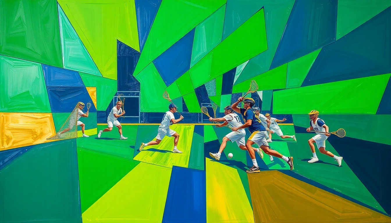 A cubist, geometric painting depicting a men's lacrosse game, with sharp, overlapping planes of green, navy, and gold representing the dynamic action on the field.