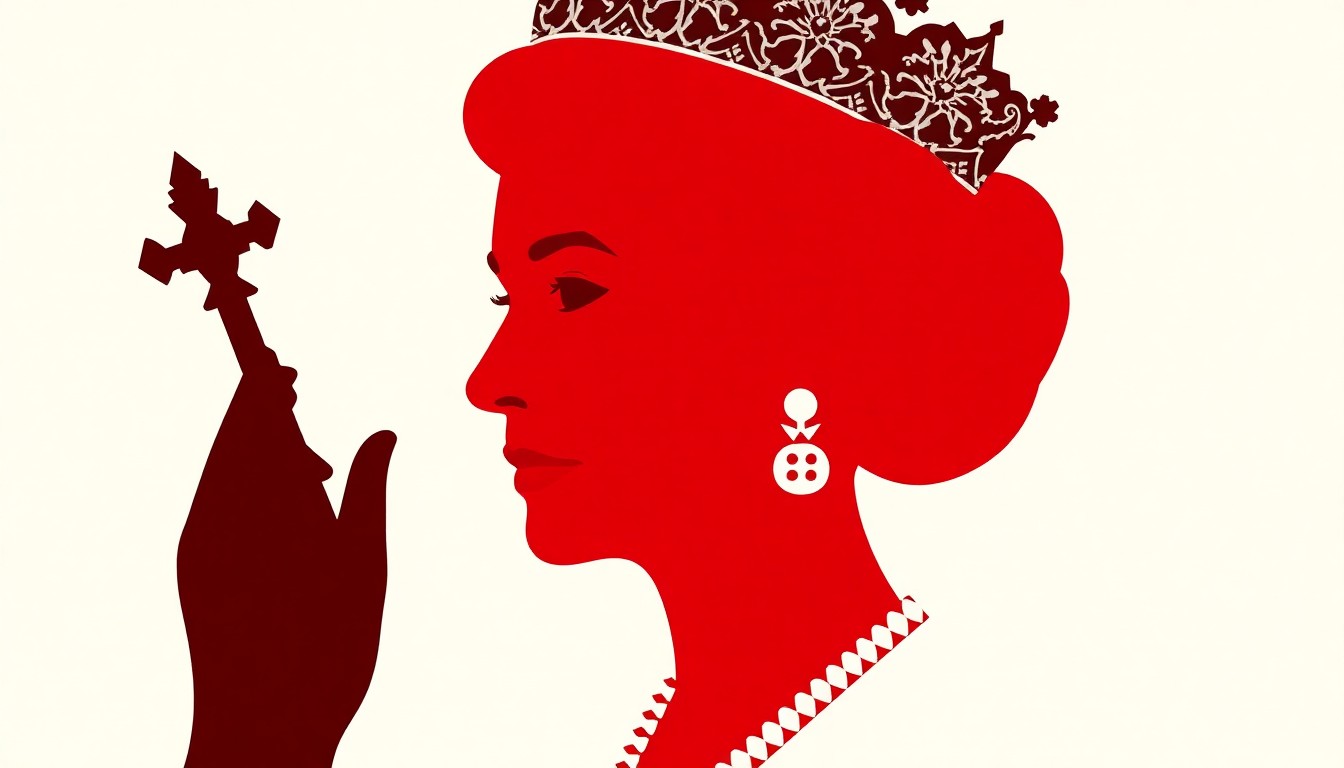 An abstract, minimalist composition featuring sharp, jagged shapes and bold silhouettes in high-contrast colors, conceptually representing the difficulties the artist faced in capturing the Queen's likeness on canvas.