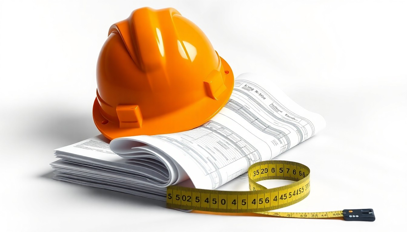 A high-end, photorealistic studio still-life photograph featuring a stack of construction blueprints, a hardhat, and a contractor's tape measure arranged elegantly on a clean, white seamless background, conceptually representing the tension between local and out-of-state businesses competing for public infrastructure projects.