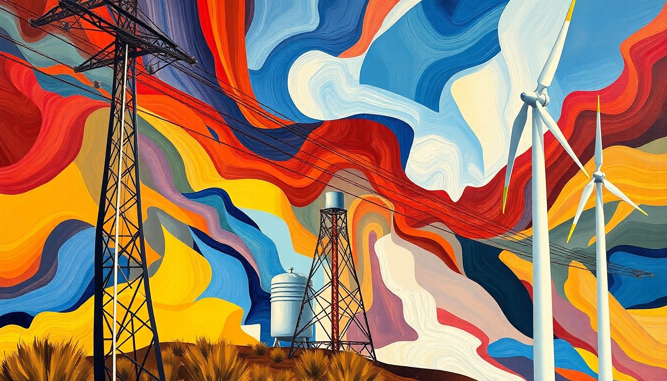 A dynamic, fractured painting in warm, earthy tones depicting the silhouettes of a power line tower, electrical transformer, and wind turbine in overlapping, geometric waves of color, conceptually representing the motion and energy of Colorado's shifting electricity grid.