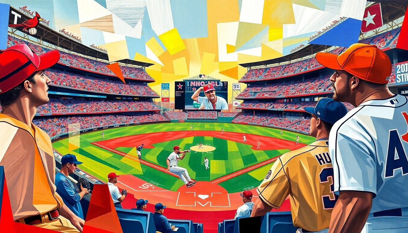 A fragmented, geometric painting in bold colors representing the action and intensity of a baseball game between the St. Louis Cardinals and Houston Astros.