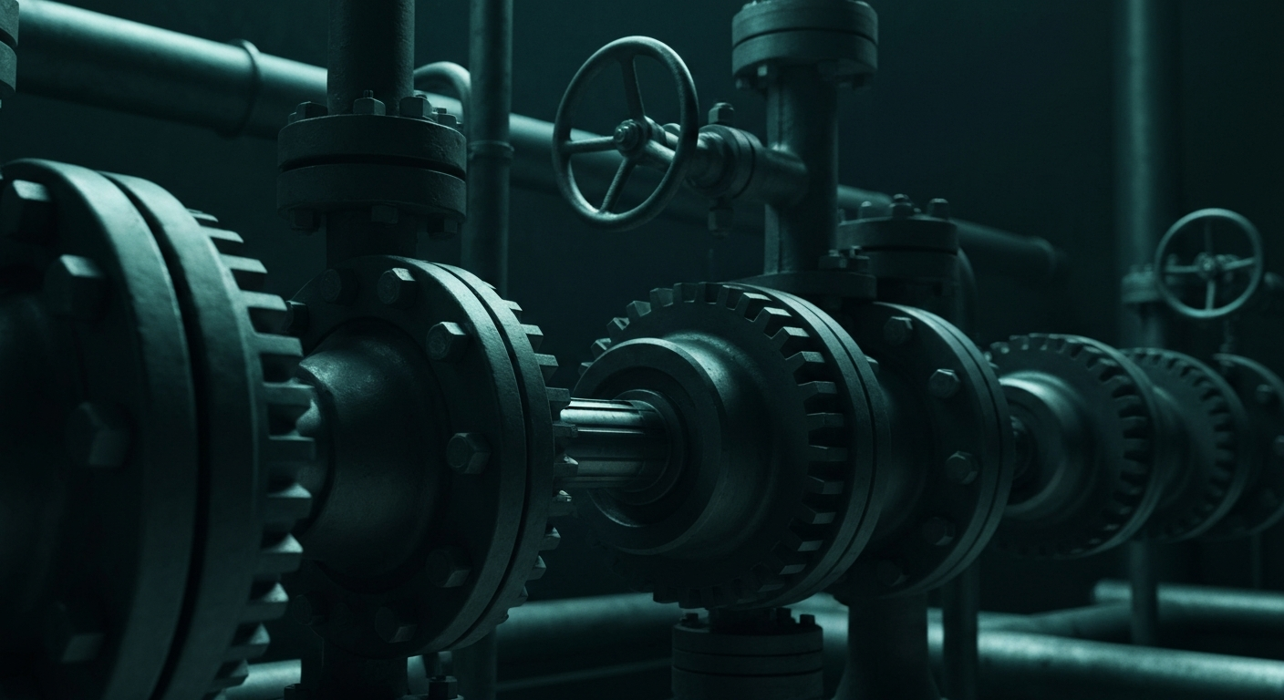 An extreme close-up of the complex mechanical components that make up UGI's natural gas and propane distribution systems, dramatically lit against a dark background to convey the company's critical infrastructure.