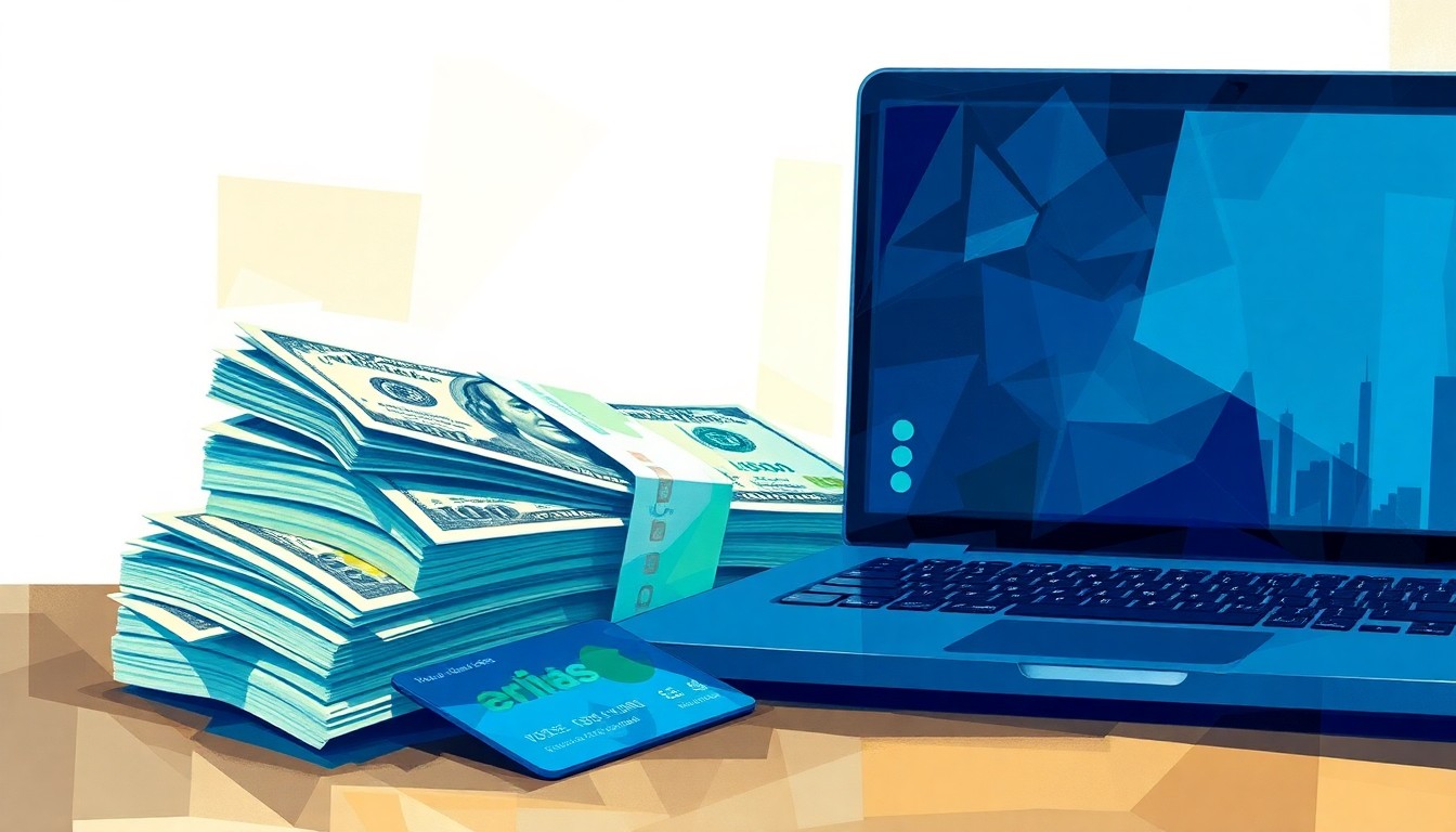 A conceptual illustration featuring overlapping, fractured geometric shapes in shades of blue, green, and yellow, depicting financial documents and technology, symbolizing the complexities of COVID-19 relief fraud and its impact on local politics.