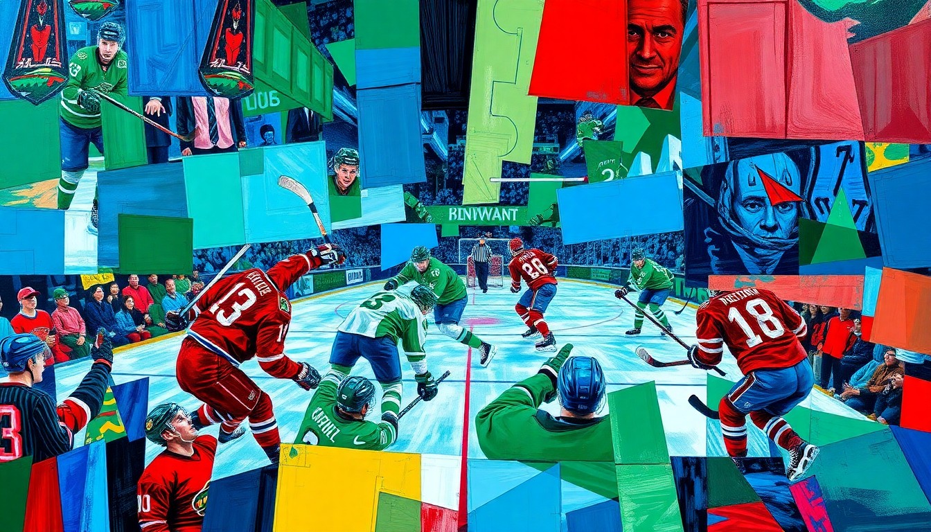 A fractured, geometric painting depicting the dynamic hockey action of the Minnesota Wild vs Dallas Stars playoff game, with sharp planes of blue, green, and red representing the players, puck, and arena.