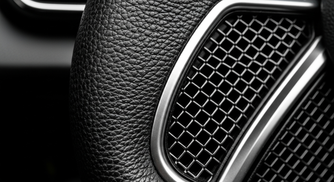 An extreme close-up photograph showcasing the intricate textures and patterns of an automotive part or accessory, such as a pebbled leather steering wheel or a woven mesh grill, conveying a sense of the craftsmanship and materials that go into modern automobile design.