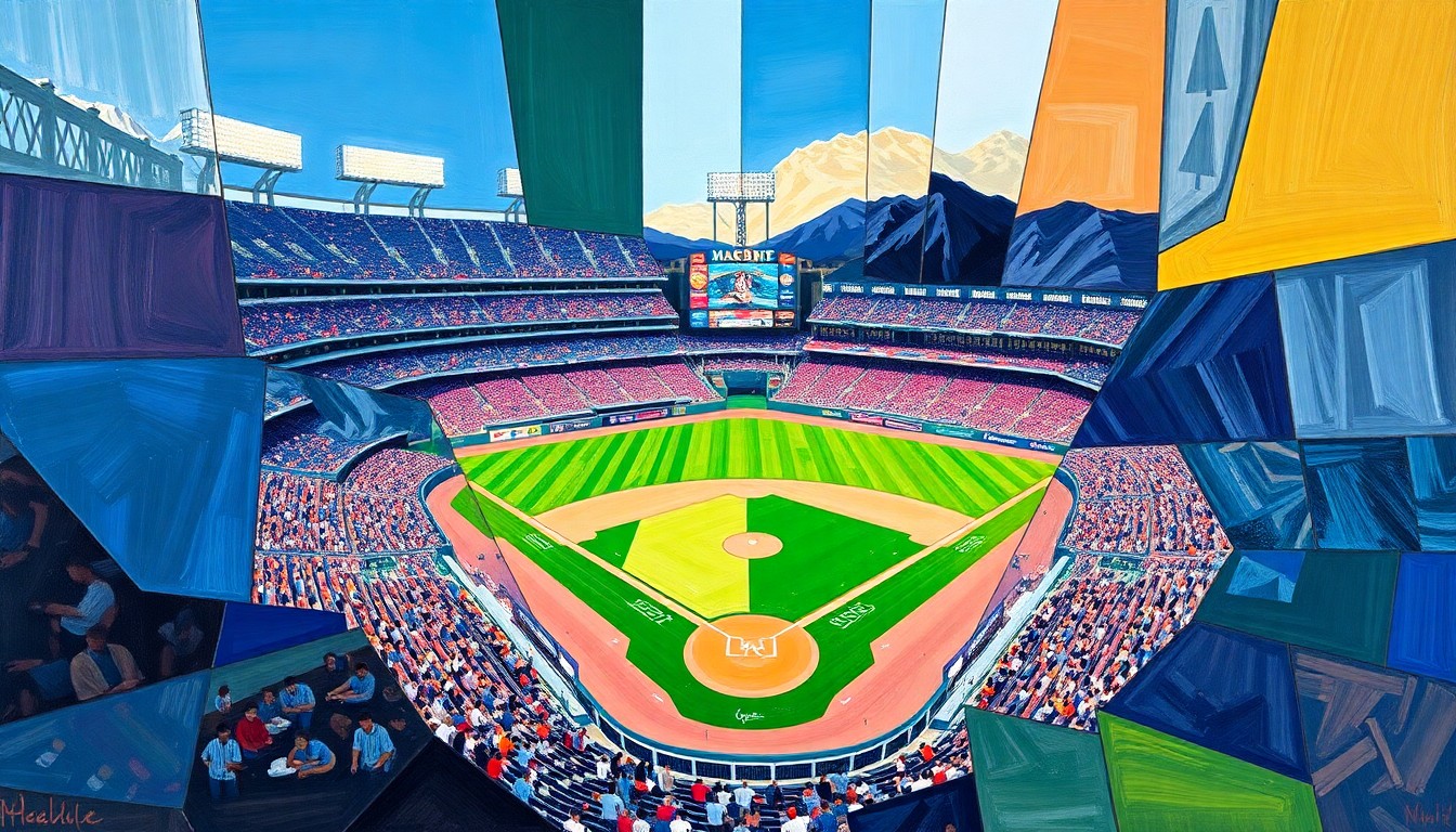 A cubist-style painting featuring sharp, overlapping geometric shapes in shades of blue, purple, and green, capturing the energy and action of a baseball game between the Dodgers and Rockies.