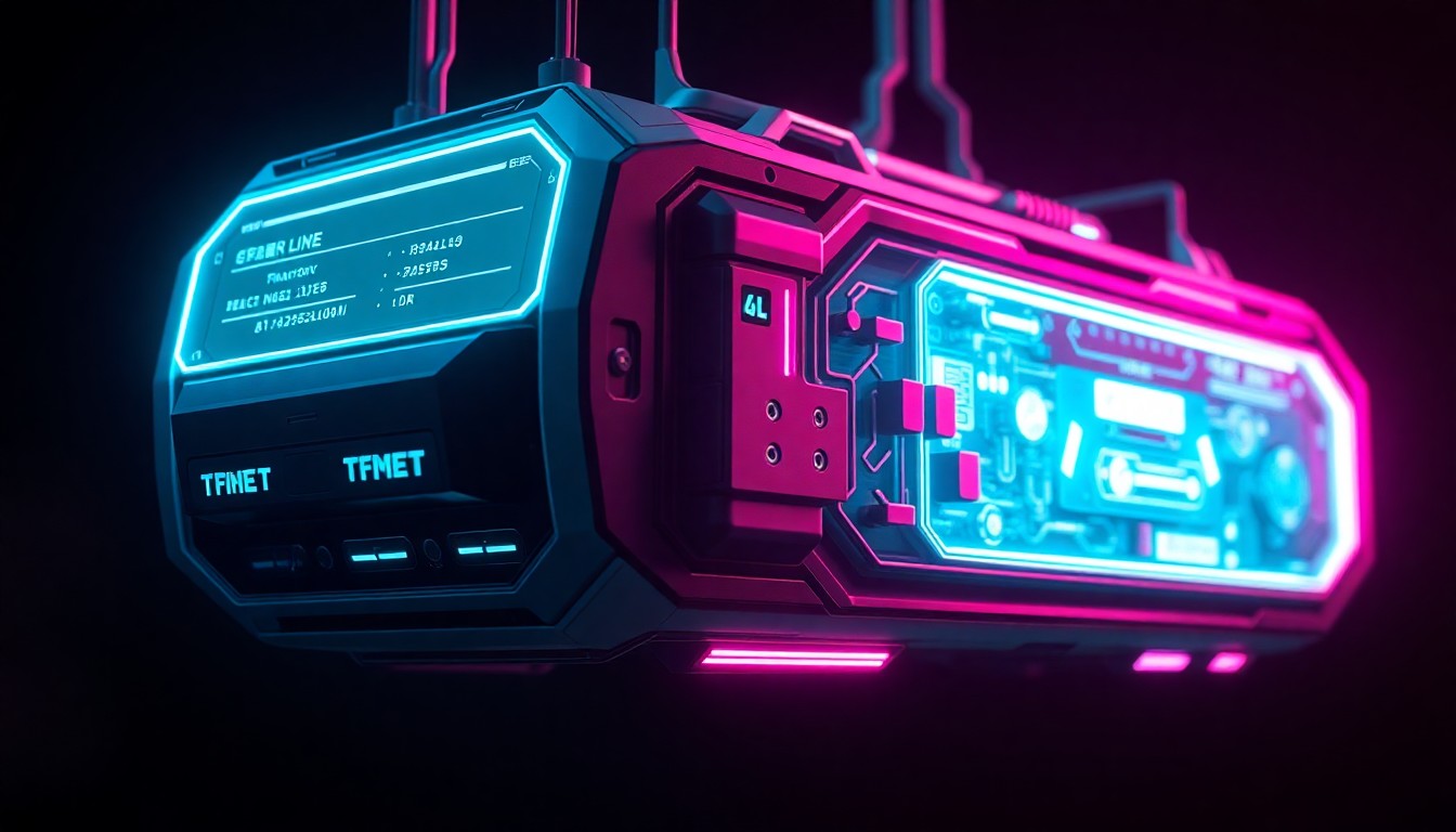 A highly detailed, glowing 3D illustration of a futuristic translation device, with intricate cybernetic components illuminated by neon cyan and magenta lights, suspended against a dark, moody background, conceptually representing the power and complexity of AI-driven language translation.