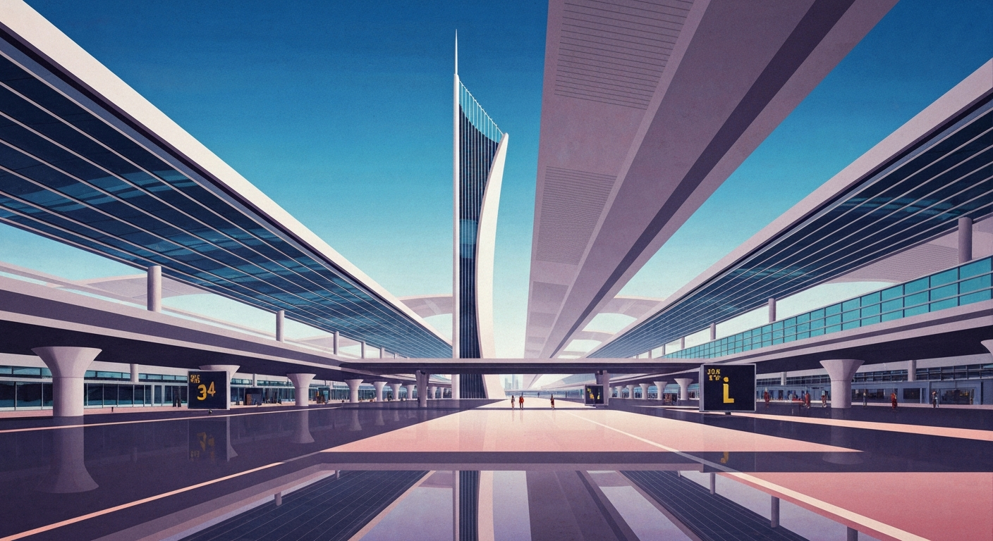 A highly stylized, geometric illustration depicting the grand scale and drama of an airport terminal, with sweeping airbrushed gradients and towering architectural forms, conveying the sense of urgency and disruption caused by an unexpected security incident.