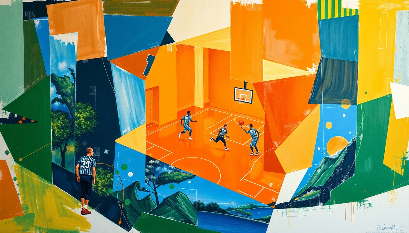 A fragmented, cubist-style painting depicting a basketball game, with sharp geometric shapes and planes of bright colors representing the intense action and competition on the court.