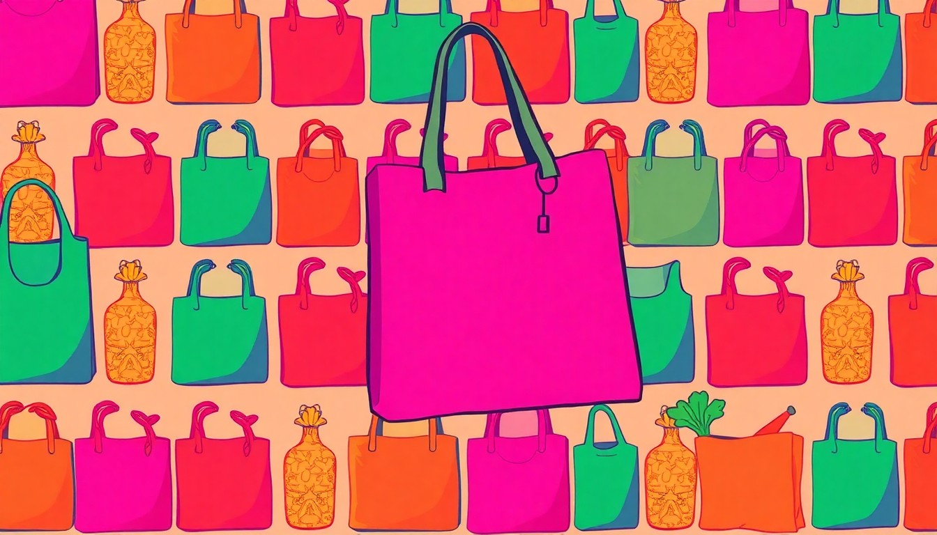 A highly stylized, silkscreen-inspired illustration of a reusable grocery bag or organic produce item repeated in a bold, neon color grid, conceptually representing the vibrant community spirit of a local natural foods store's anniversary celebration.