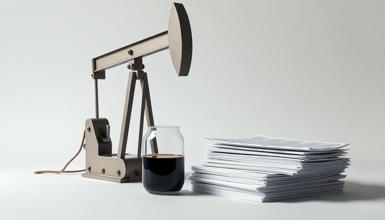 A photorealistic studio still-life featuring a polished metal oil pump jack, a glass beaker filled with a viscous black liquid, and a stack of financial documents, conceptually representing the intersection of energy production, data analysis, and corporate finance.