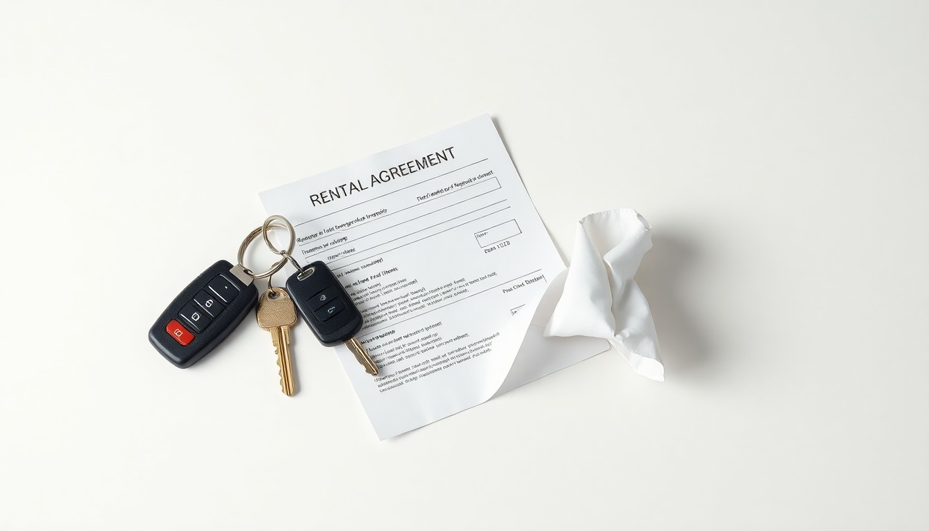 A minimalist studio still life featuring a set of car keys, a rental agreement, and a crumpled receipt, conceptually representing the abstract issues of finance, risk, and consumer trust in the car rental industry.