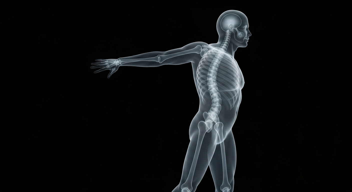 A ghostly, translucent X-ray photograph revealing the internal structure of a human body in motion, conceptually representing Germain Personal Training's holistic, data-driven approach to fitness and wellness.