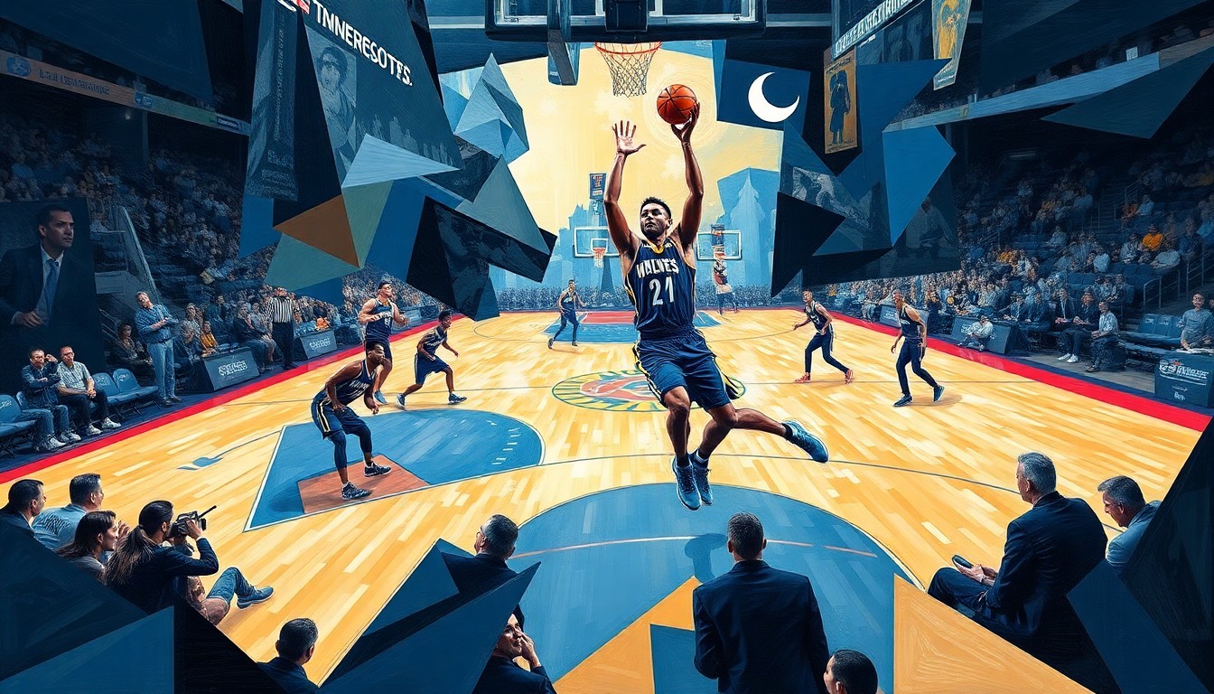 A cubist, geometric painting depicting the dynamic movements and scoring actions of Nuggets guard Jamal Murray during a basketball game against the Timberwolves, with the players and court broken down into sharp, overlapping planes of color and shape.