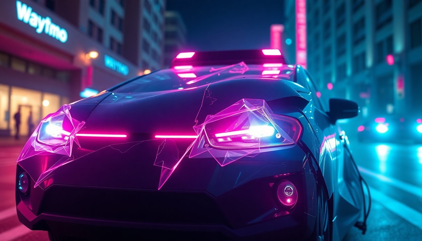 An extreme close-up of a shattered car sensor lens reflecting a faint red light, conceptually illustrating the vandalism of self-driving cars.