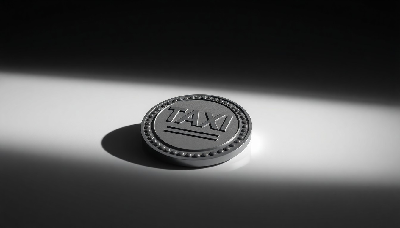 A close-up photograph of a shiny, metallic taxi medallion resting on a plain, white background, conveying the abstract concepts of industry disruption and technological change in the transportation sector.