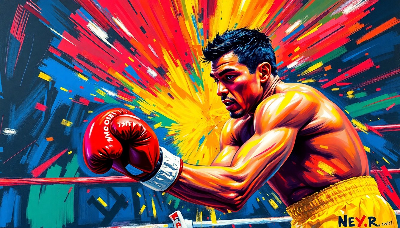An abstract, expressionist painting featuring bold, neon-colored brushstrokes that capture the dynamic movements and raw energy of a boxer in the ring, conveying the excitement and potential of this rising talent.