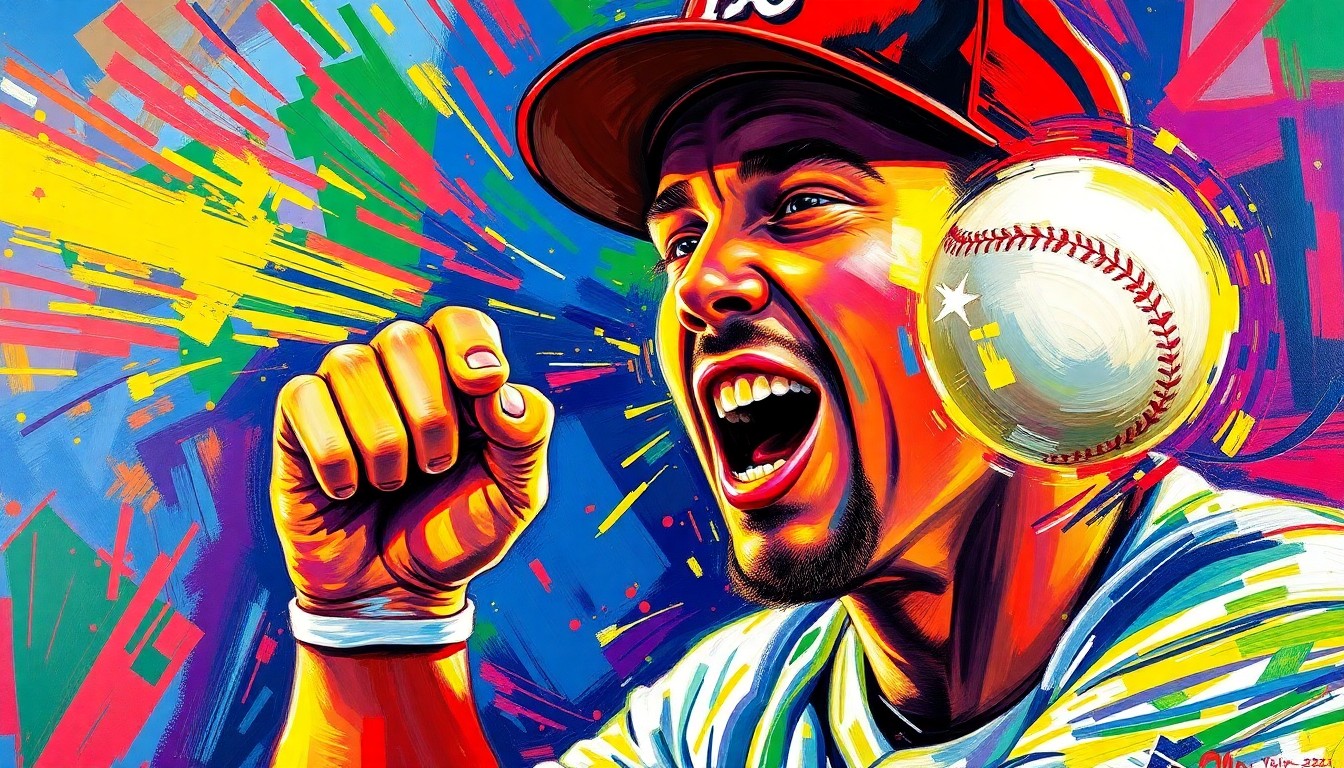 An abstract, energetic painting in neon colors depicting the explosive moment a baseball player is struck in the face by a pitch, the player's features dissolving into a blur of motion and impact.