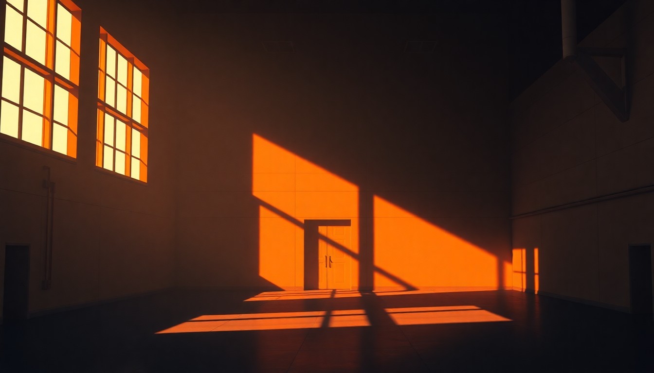 A serene, photorealistic painting of a government research facility shrouded in warm, dramatic lighting and deep shadows, conveying a sense of mystery and unease surrounding the unexplained incidents.