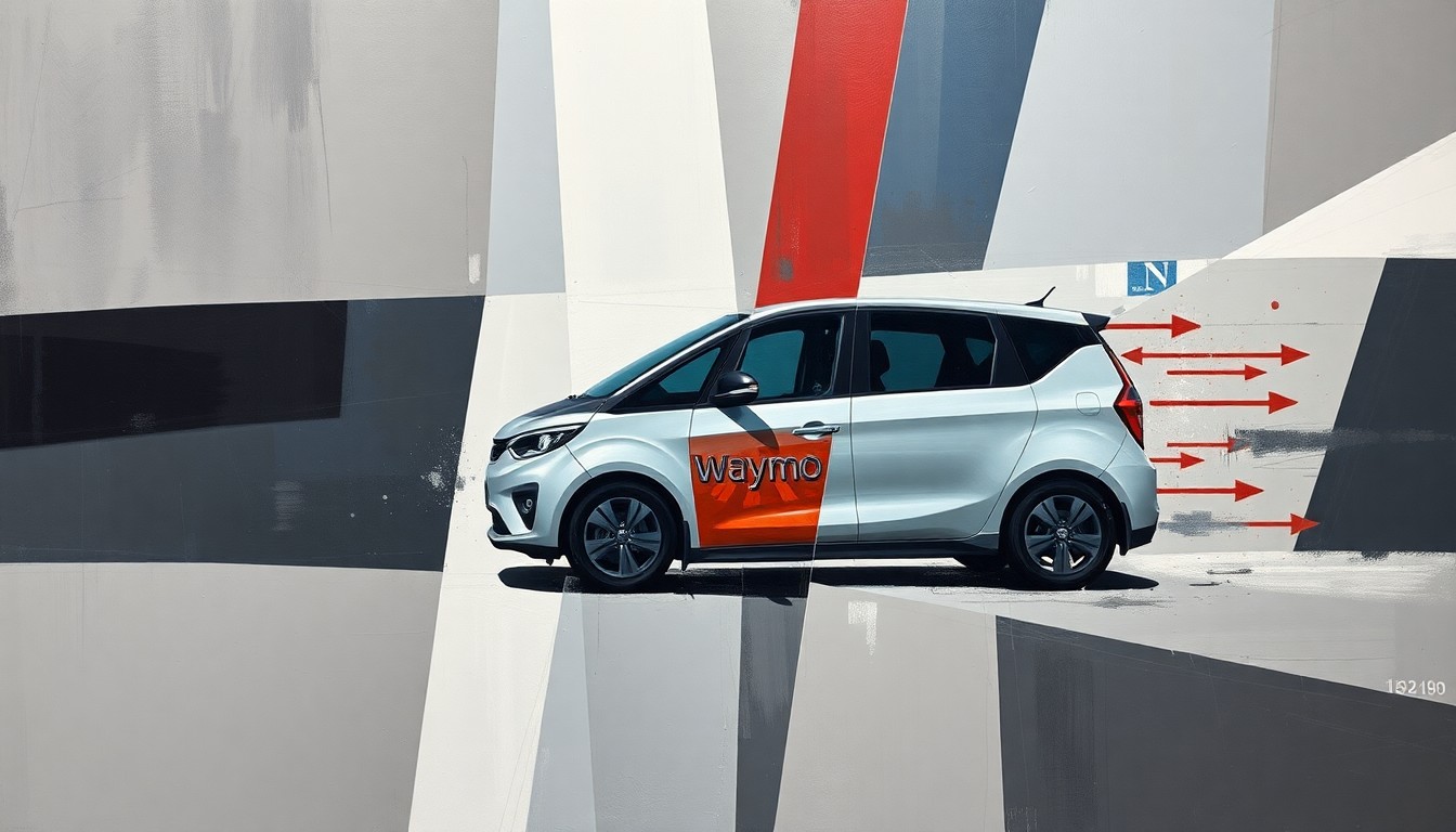 A cubist, fragmented painting depicting a Waymo autonomous vehicle broken down into sharp, overlapping geometric shapes and planes of muted colors, conveying the conceptual idea of vandalism and disruption of self-driving technology.