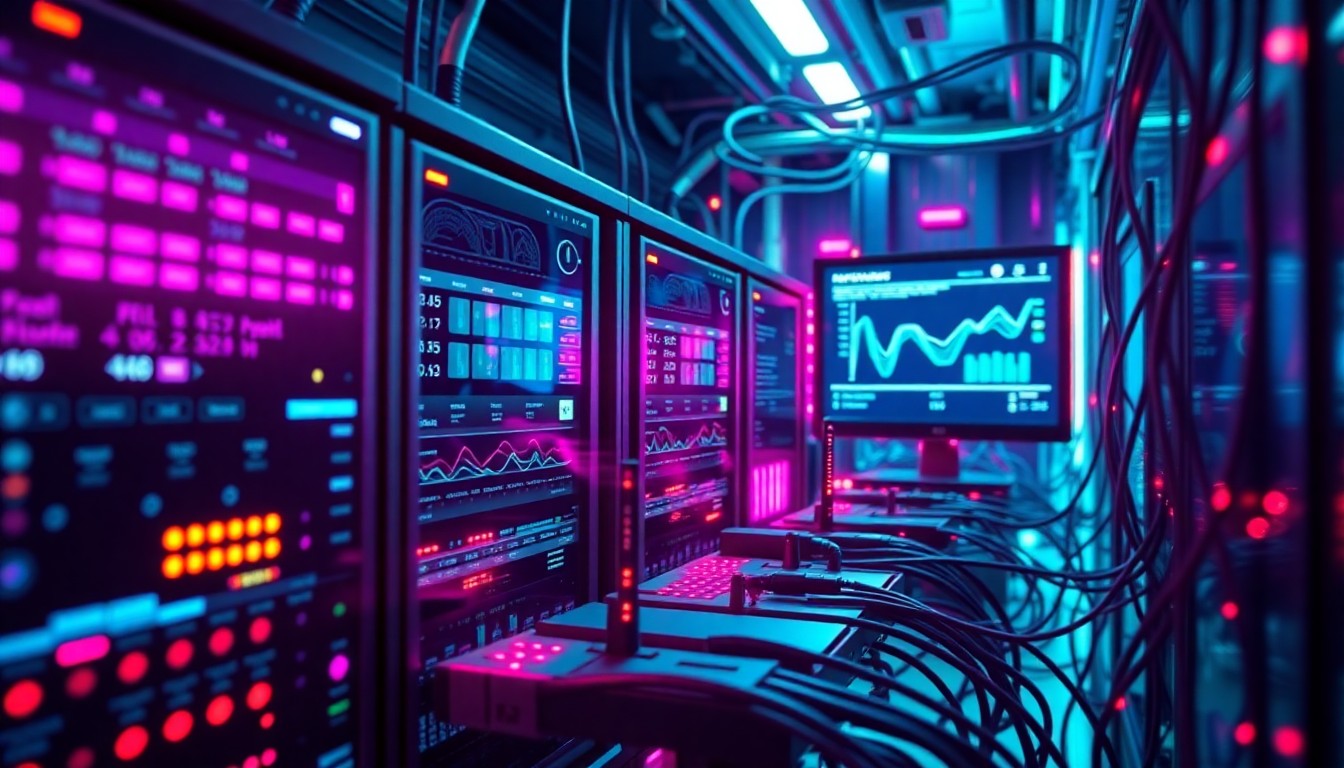 A highly detailed, glowing 3D illustration of digital marketing and technology infrastructure, including servers, data cables, and AI-powered analytics dashboards, conceptually representing the importance of innovation and adaptation in the fast-paced digital solutions industry.