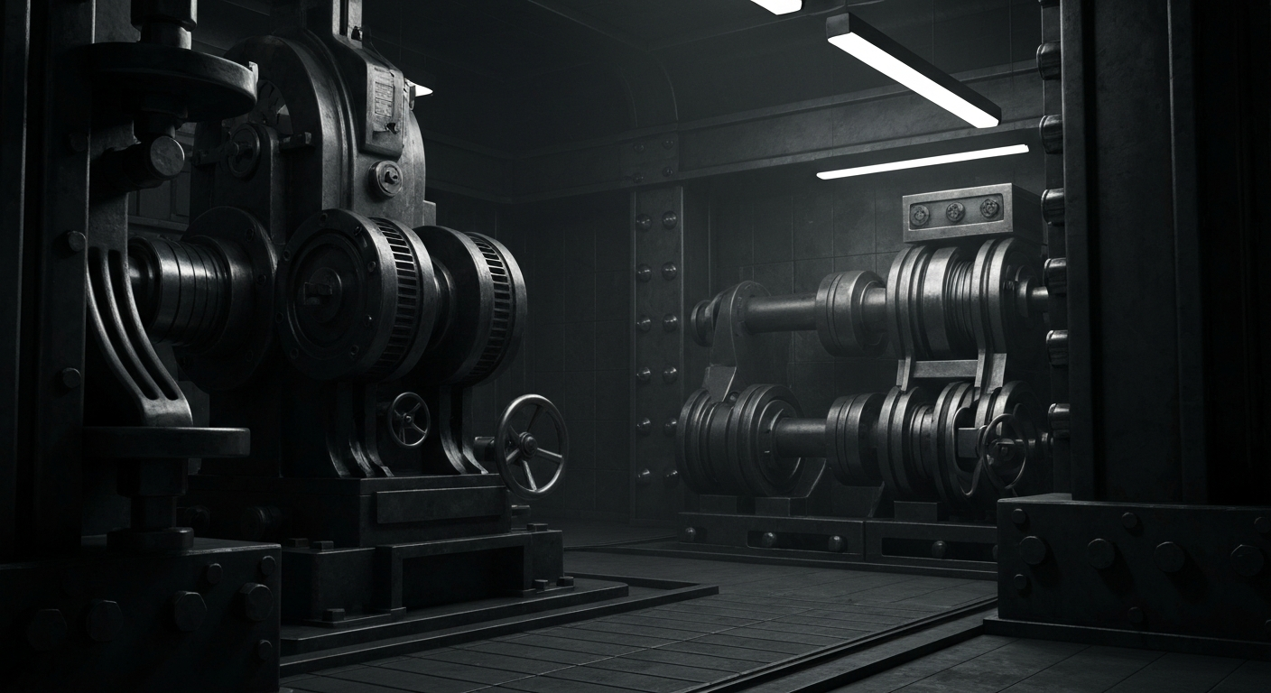 An extreme close-up of various gears, levers, and other industrial components in shades of gray, bronze, and black, conveying the complex and powerful nature of Federal Signal's manufacturing capabilities.
