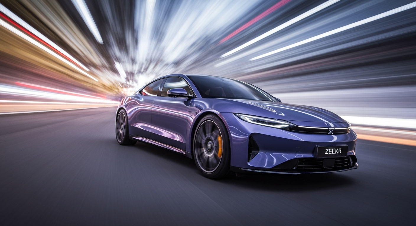 An abstract, blurred color photograph depicting the dynamic motion of an electric vehicle, with vibrant streaks of color and a sense of speed and technological innovation.