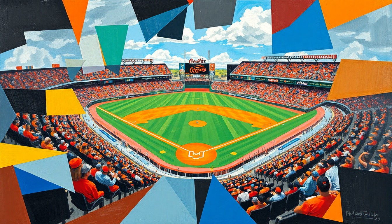 A fragmented, geometric painting depicting a baseball game in motion, with overlapping shapes and planes representing the dynamic action on the field.