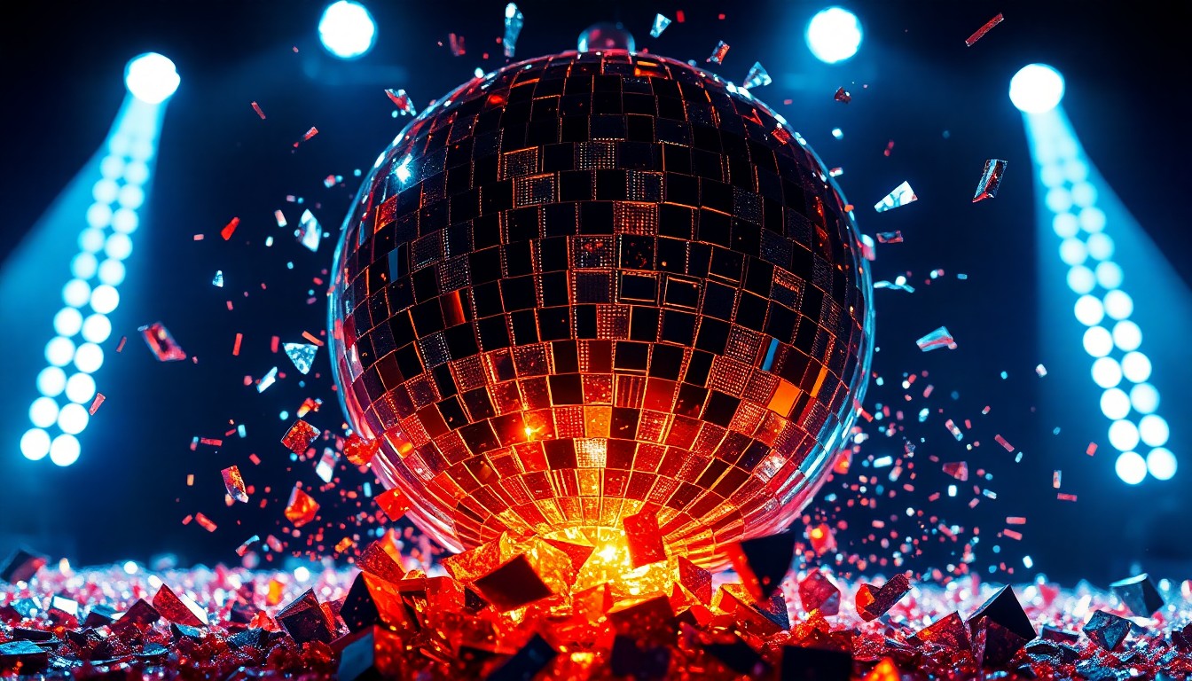 An extreme close-up photograph of shattered, glittering disco ball fragments reflecting dramatic studio lighting, conceptually representing the high-energy, industrial rock sound of the Nine Inch Noize performance.