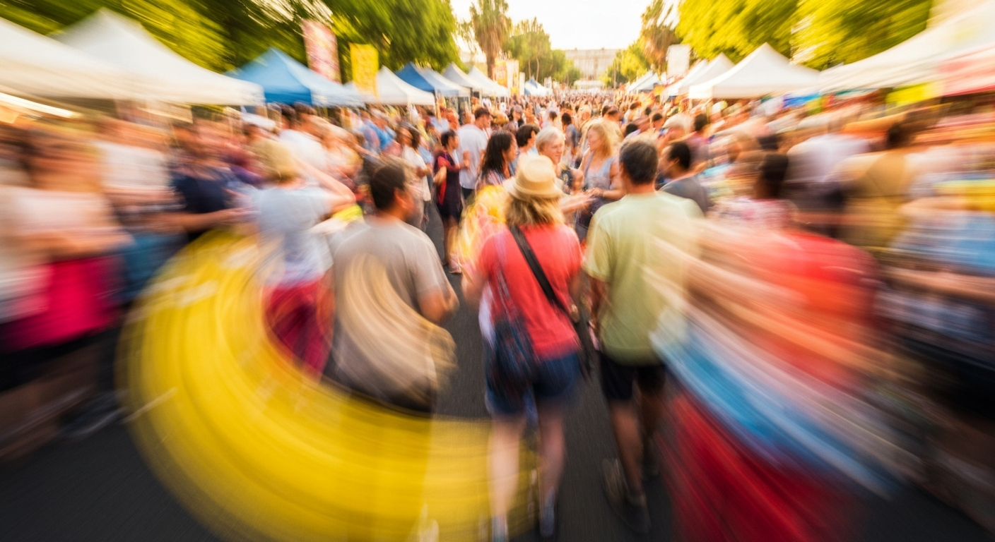 Heavily textured, sweeping oil paint brushstrokes in bright sunflower yellow, cherry red, and sky blue, conceptually representing the joyful energy of a community festival.