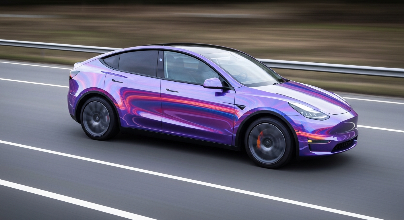 An abstract, blurred image of a Tesla Model Y electric SUV speeding down a highway, with vibrant streaks of color representing the vehicle's power and energy.