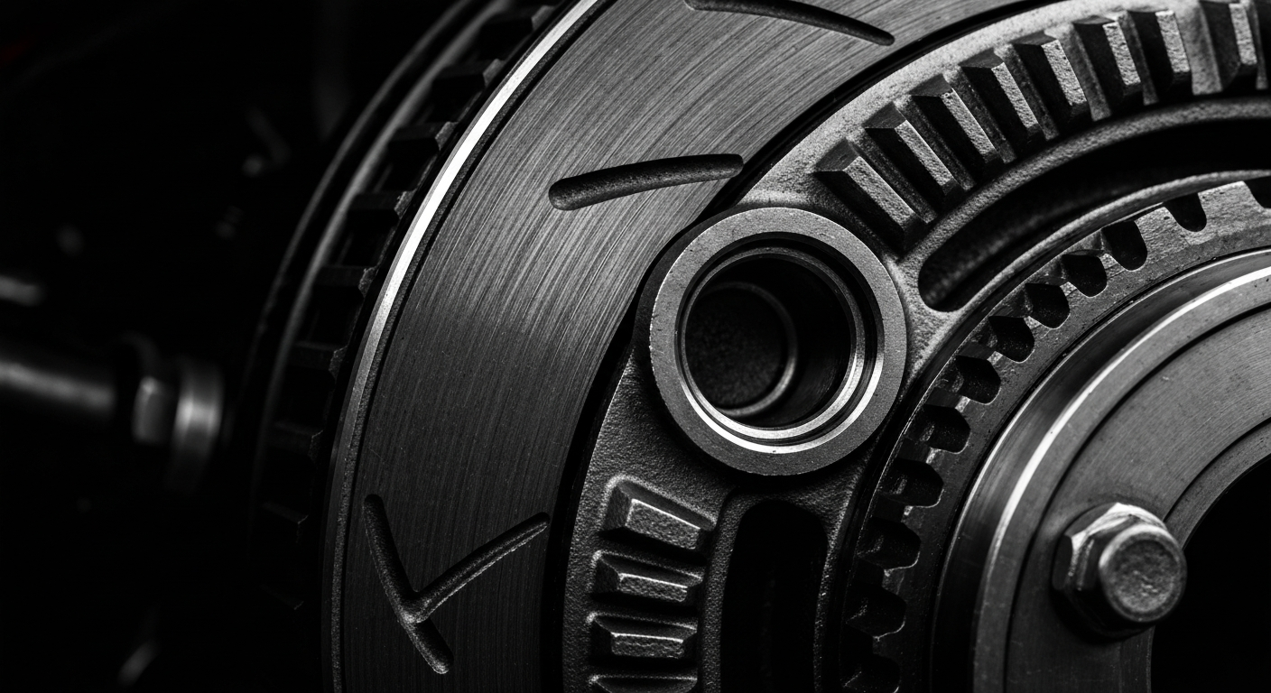 An extreme close-up photograph showcasing the intricate, pebbled texture and metallic sheen of an automotive component, conveying the complex engineering and materials that underpin modern vehicle repair.