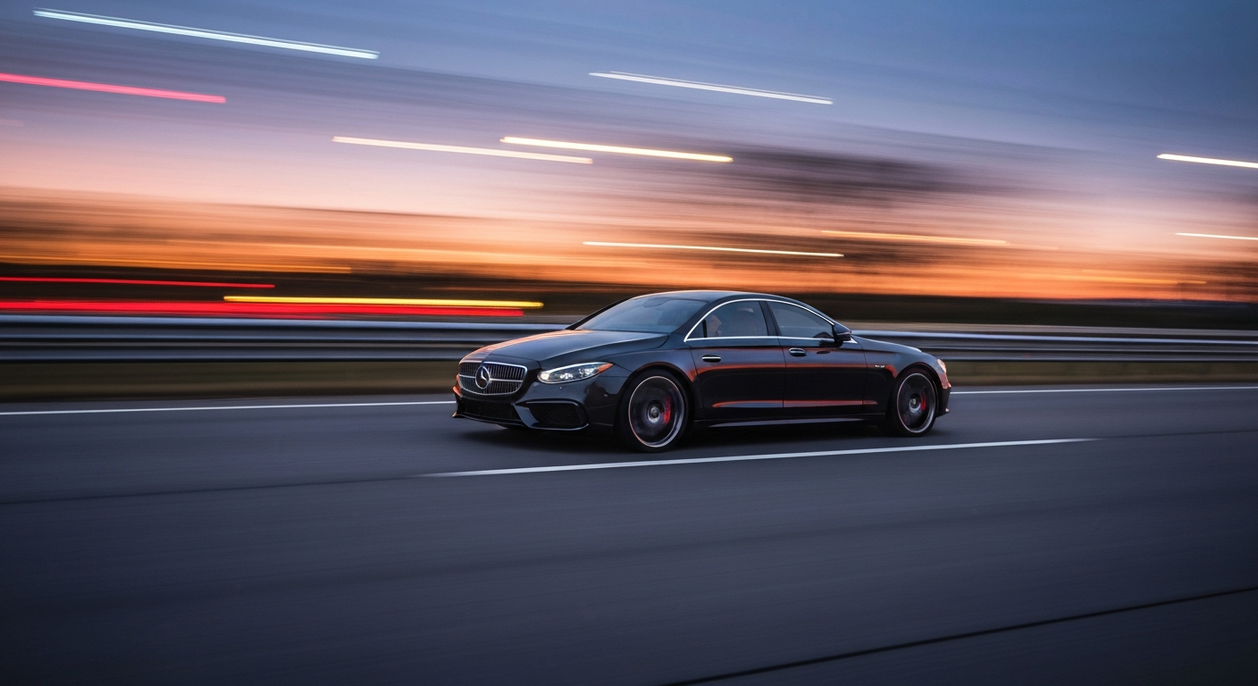 An abstract, blurred image of a luxury sedan speeding down a highway, conveying a sense of modern, high-speed travel.