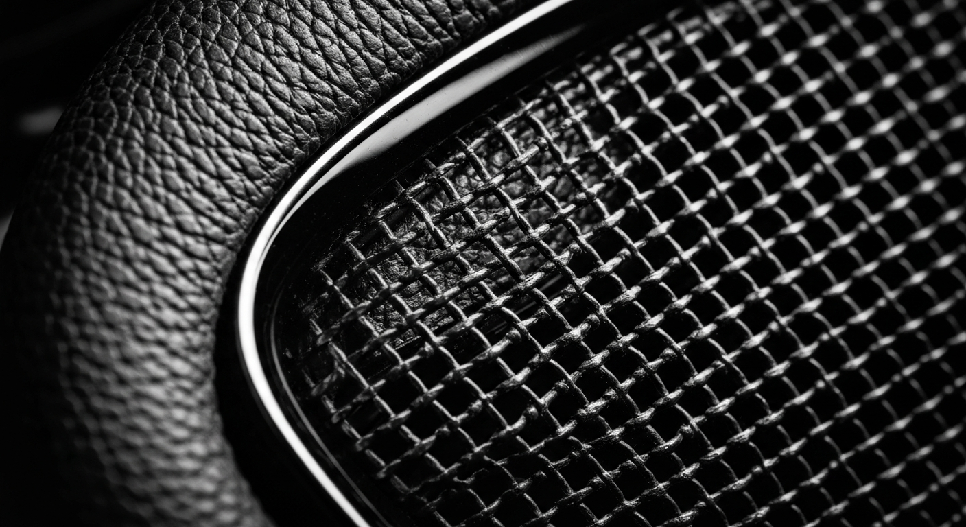 An extreme close-up of a textured automobile part, such as a pebbled leather steering wheel or a woven mesh grill, captured in dramatic lighting to highlight the raw materials and craftsmanship of automotive design.