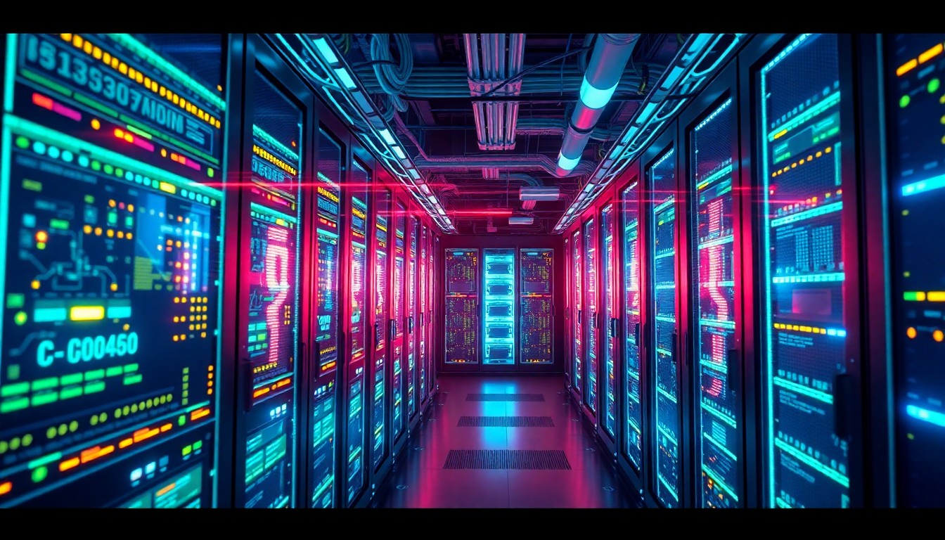 A highly detailed, glowing 3D illustration of a futuristic, neon-lit data center or server farm, with intricate cabling, blinking lights, and a sense of technological complexity, conceptually representing the technological advancements and innovation that PyCon's new tracks could bring to Long Beach.