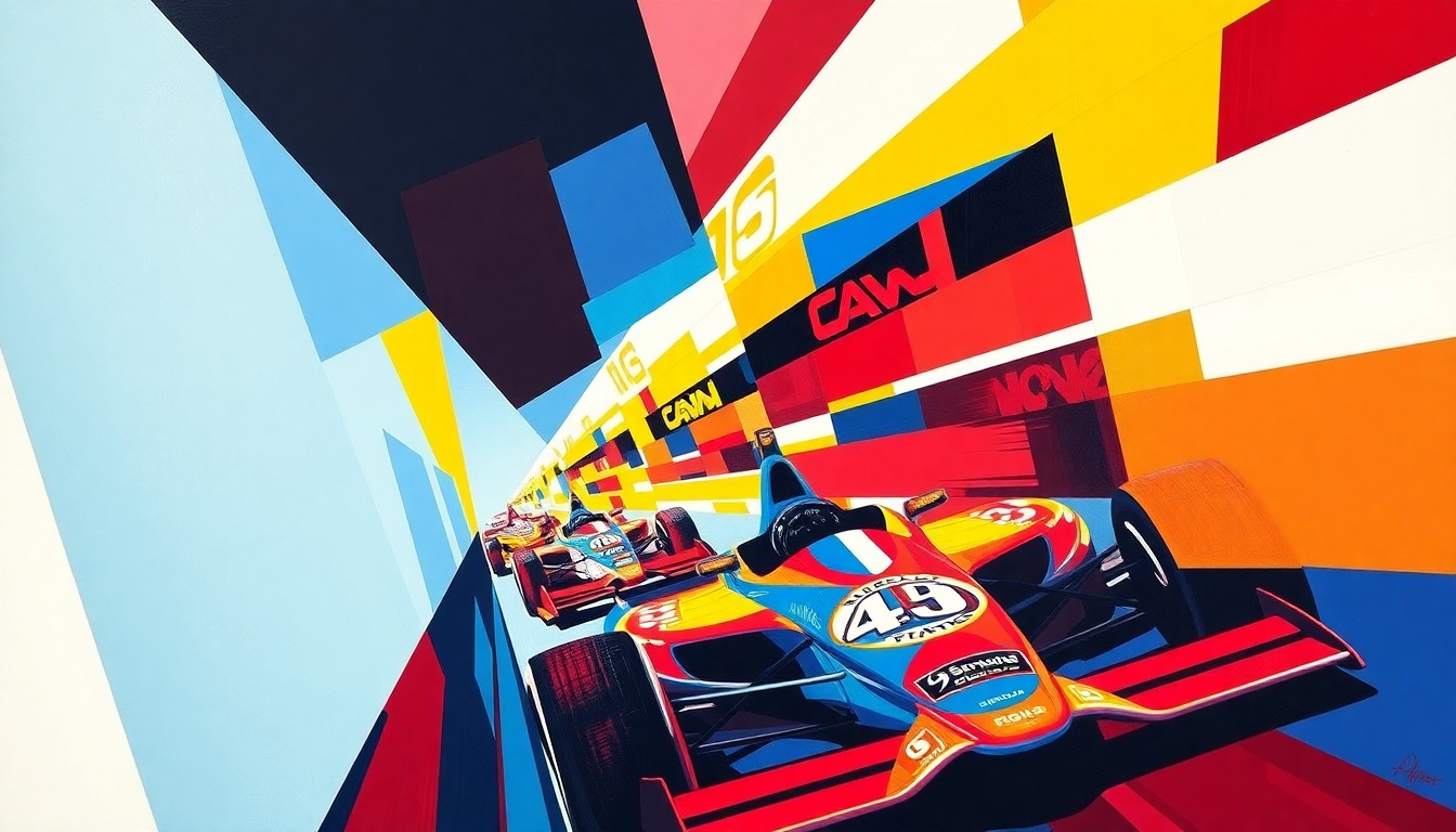 A cubist, geometric painting depicting an INDYCAR race at Long Beach, with overlapping planes of bright red, blue, and yellow colors representing the cars and energy of the event.