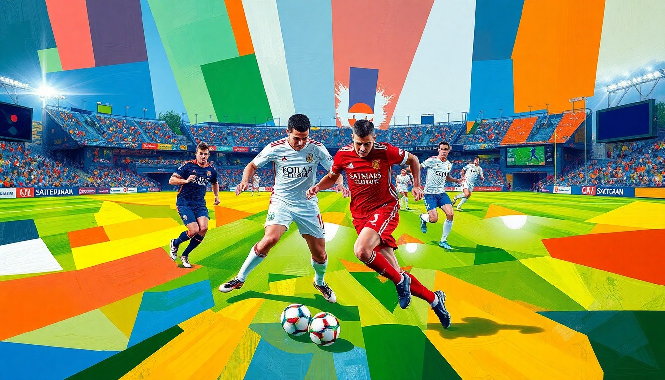 A fragmented, geometric painting in bold colors representing the action and energy of a soccer match between two teams, with no identifiable players or logos.